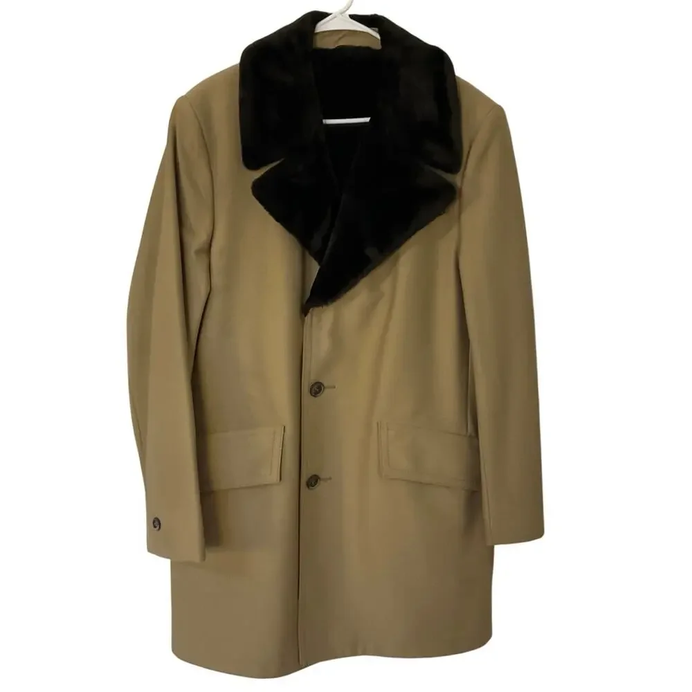 Vintage Sears Travelknit Coat 40R Tan Faux Fur Collar Western Ranch Jacket Mens